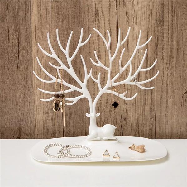 Forest Antler Jewelry Organizer Stand With Necklace Holder & Ring Display Tray white