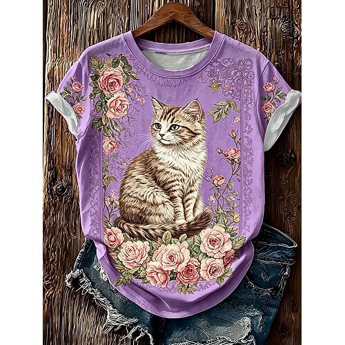 Damen T Shirt Druck Grafik Tiermotiv Katze Vintage Stilvoll Klassisch Kurzarm Rundhalsausschnitt Normale Oberteile Lässig Täglich Rosa Purpur Aprikose Sommer Frühling
