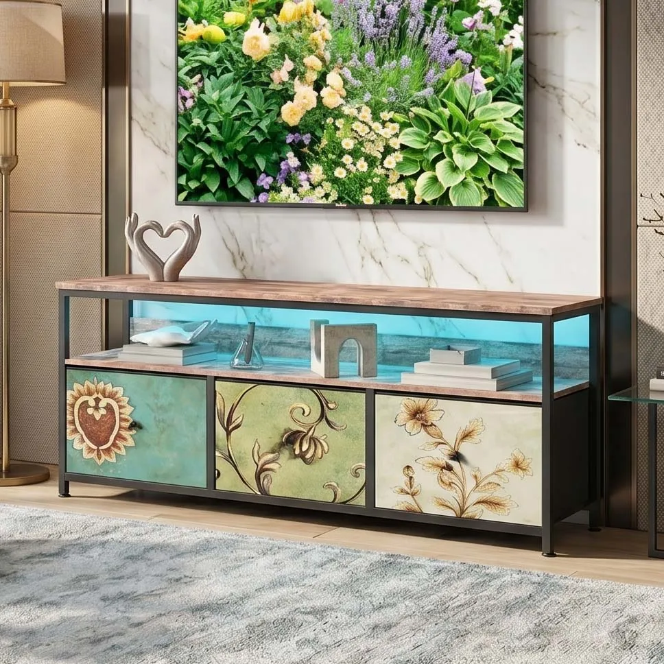137 cm TV-Ständer mit Tigerholz-Effekt, intelligente RGB-LED-Beleuchtung (App & Musik), 4 farbenfrohe Stoffschubladen, moderner, schicker Wohnzimmer-Niedrigschrank, rechteckiger Medien-Couchtisch