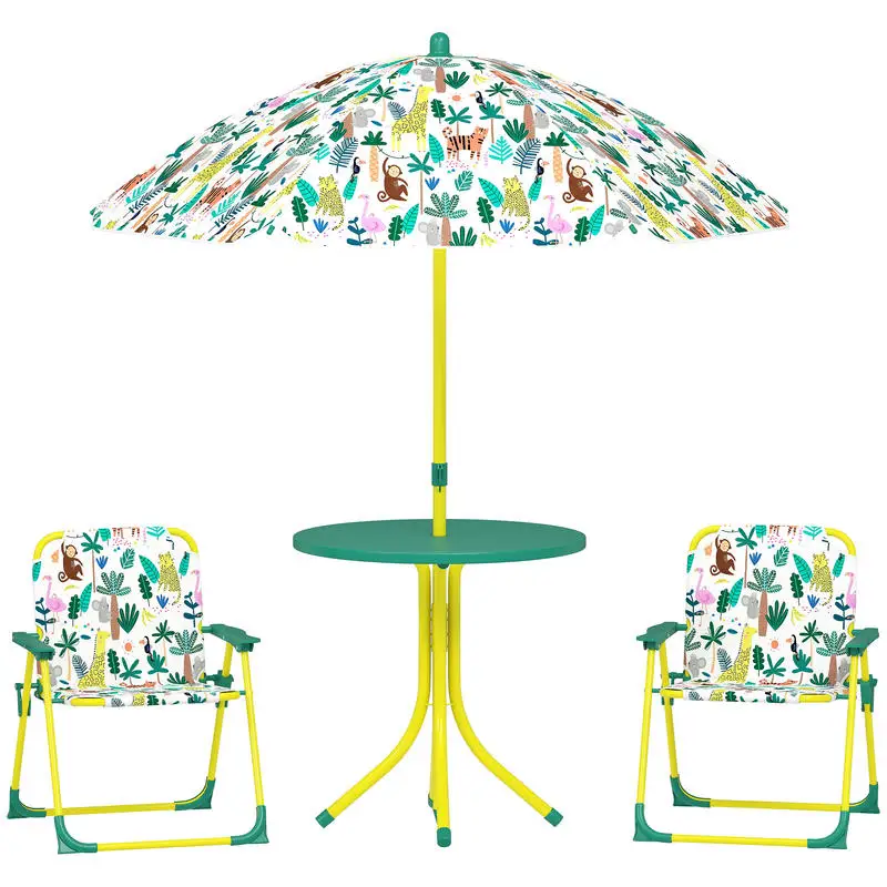 Ensemble de salon de jardin extérieur pour enfants avec 2 chaises pliantes et parasol, thème jungle, pour jardin, terrasse, piscine, balcon, repos, résistant à l'eau, durable, mobilier de jardin
