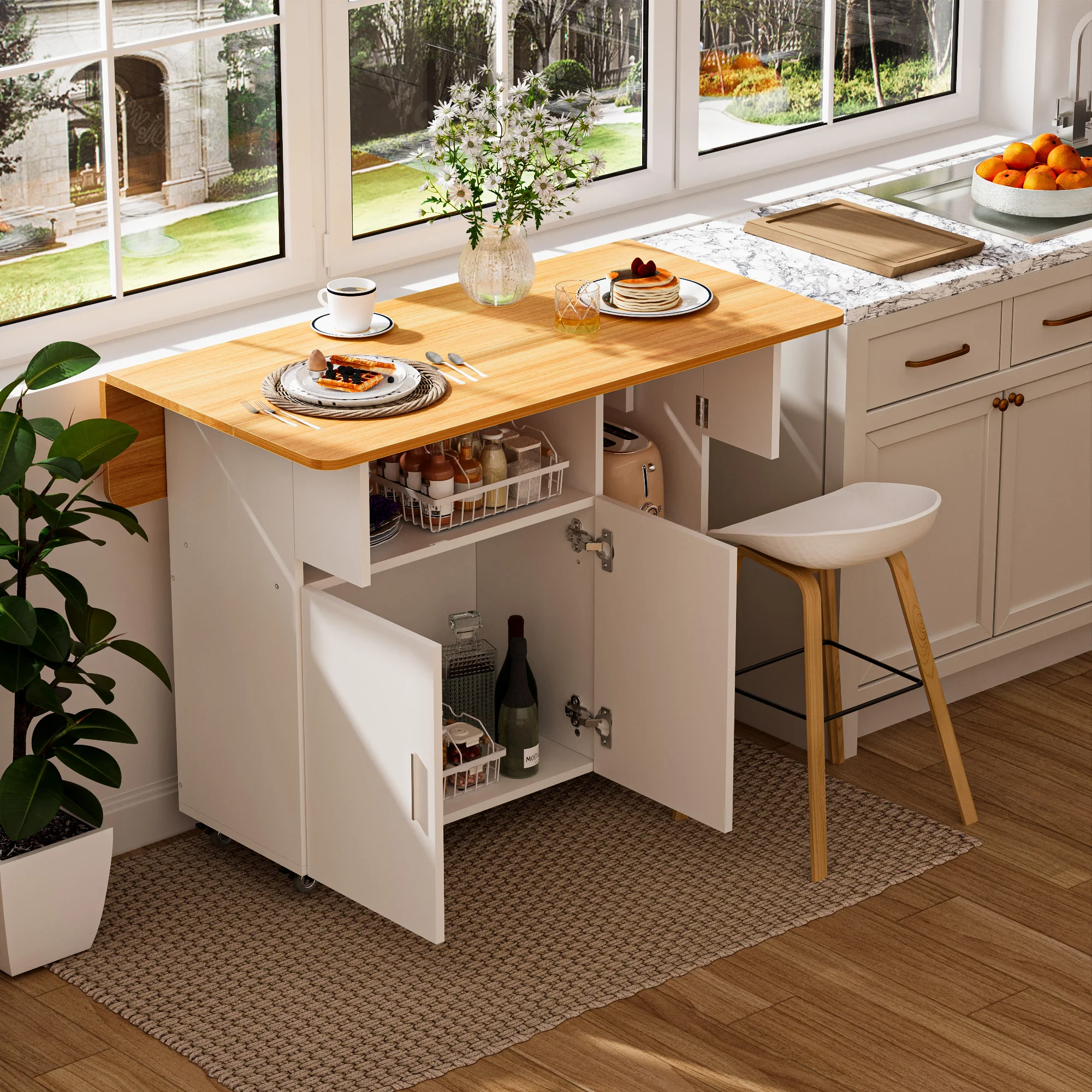 Mobiler Klappbarer Esstisch Faltbarer Beistelltisch mit Holzrädern Beweglicher Tisch mit Türschrank Offenes Regal Holz-Esstisch für Küche Wohnzimmer Schlafzimmer Nachttisch Esszimmermöbel