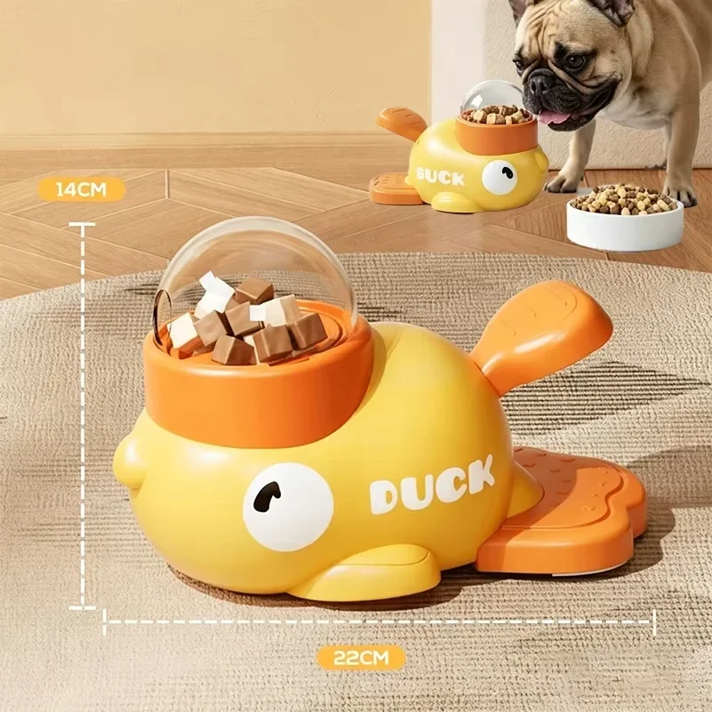 Distributeur de nourriture interactif pour chien en forme de canard, lavable, automatique, avec 3 tailles de sortie pour aliments, jouet distributeur de nourriture pour animaux de compagnie