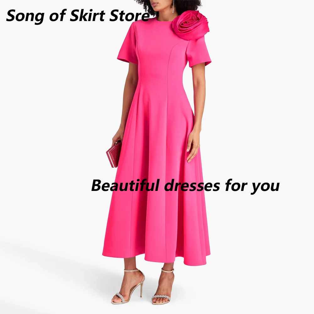 Fuchsia Mother of The Bride Dresses O-Neck Short Sleeves Jersey Pleat Flower Tea Length A Line Wedding Guest Gown Customized