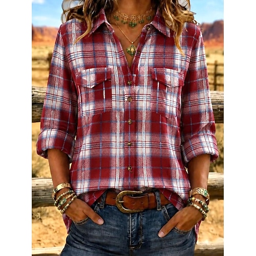 Per donna Camicia Plaid Moda Quotidiano Essenziale Manica Lunga Collo ripiegato Top corti Casuale Rosso Primavera Autunno Inverno