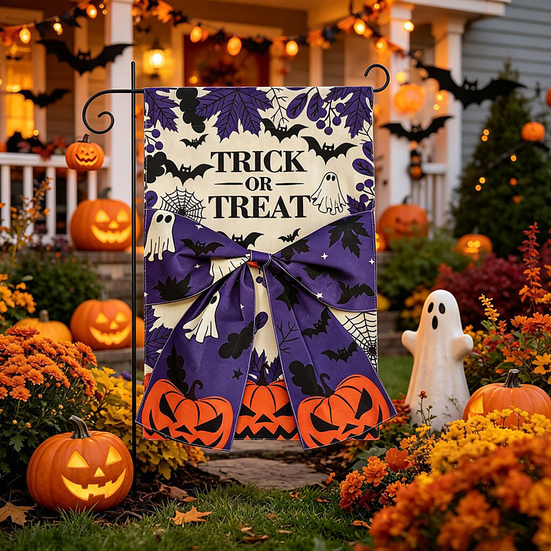 Halloween Garden Flag Bowknot Spider Web Pumpkin Skeleton Trick or Treat Outdoor Yard Flag Seasonal Porch Garden Decoration Fall Home Yard Banner Halloween Outdoor Decor