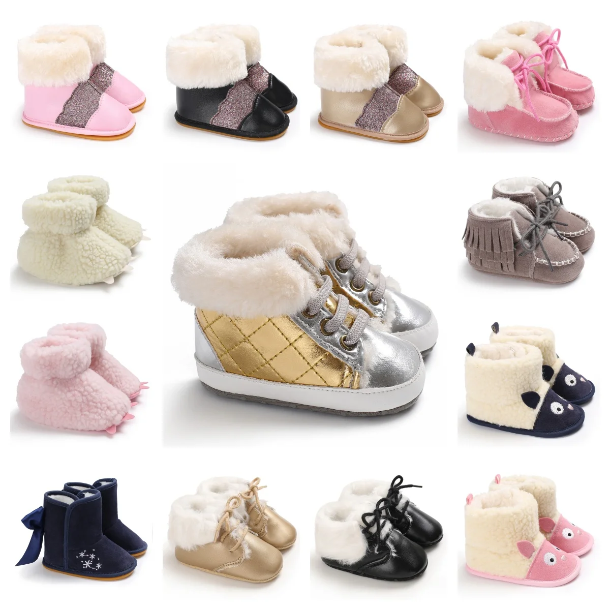 Herbst- und Winterschuhe für 1-jährige Babys aus Plüsch und Baumwolle, Lauflernschuhe mit weicher Sohle aus Rindsleder, Winterschuhe für Babys.