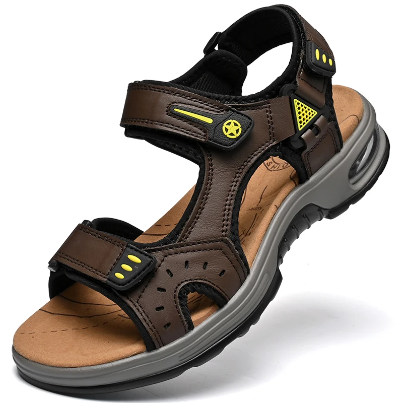 Outdoor-Herrensandalen, rutschfeste Herren-Freizeitschuhe, Strand-Sandalen aus echtem Leder, Übergröße, Sommer-Herrenschuhe, atmungsaktive Watschuhe
