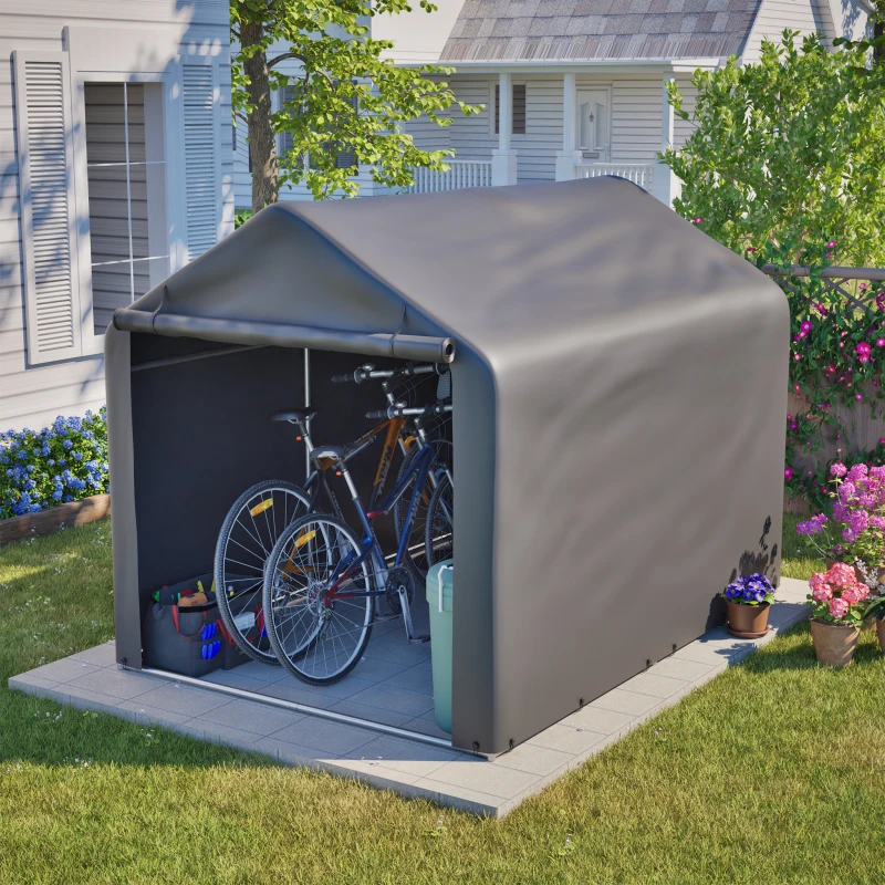 Abri de jardin gris pour vélos 160x220x165 cm avec porte à enroulement, abri extérieur imperméable en PE résistant aux intempéries pour vélos et outils de jardin – Idéal pour jardin, terrasse et cour