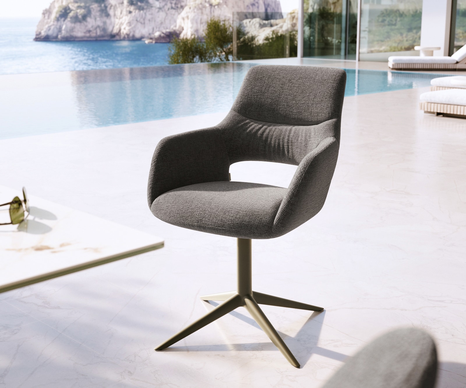 DELIFE Outdoorstuhl Yago-Flex mit Armlehnen Strukturstoff Graphit Fußkreuz Effektfinish Titan 360° drehbar Wippfunktion, Outdoorstühle - DELIFE