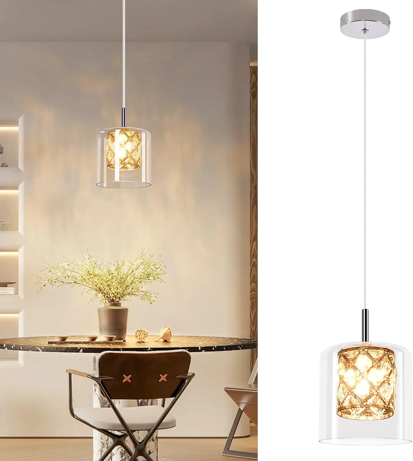 Pendelleuchte Glas Hängelampe Modern - Hängeleuchte 1 Flammig Nachttisch Pendellampe 120CM Höhenverstellbar G9 Kristall Esstischlampe für Esstisch Schlafzimmer Esszimmer Bar ohne Leuchtmittel