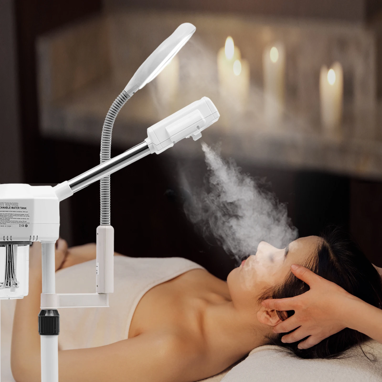 Appareil de soin du visage 2 en 1 avec vaporisateur, lampe sur pied avec loupe LED 5x, appareil de soin du visage avec vaporisateur réglable en hauteur