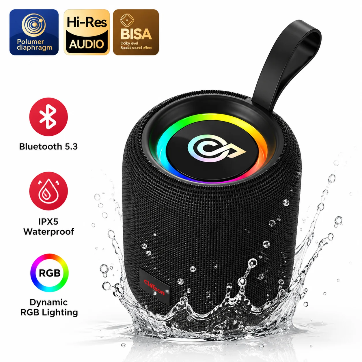 Haut-parleur Bluetooth puissant T34 HiFi avec lumière dynamique RGB, enceintes portables 360° ° Boîte à son sans fil avec son stéréo IPX5 Waterfall