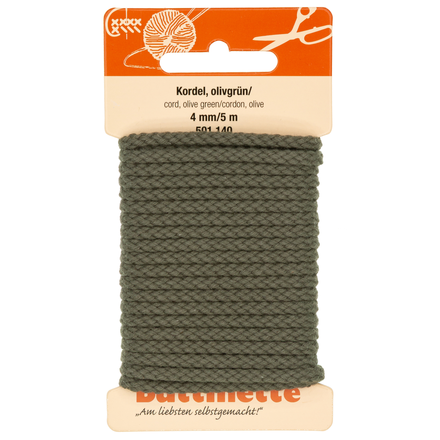 buttinette Baumwoll-Kordel für Bekleidung, olivgrün, 4 mm Ø, Länge: 5 m