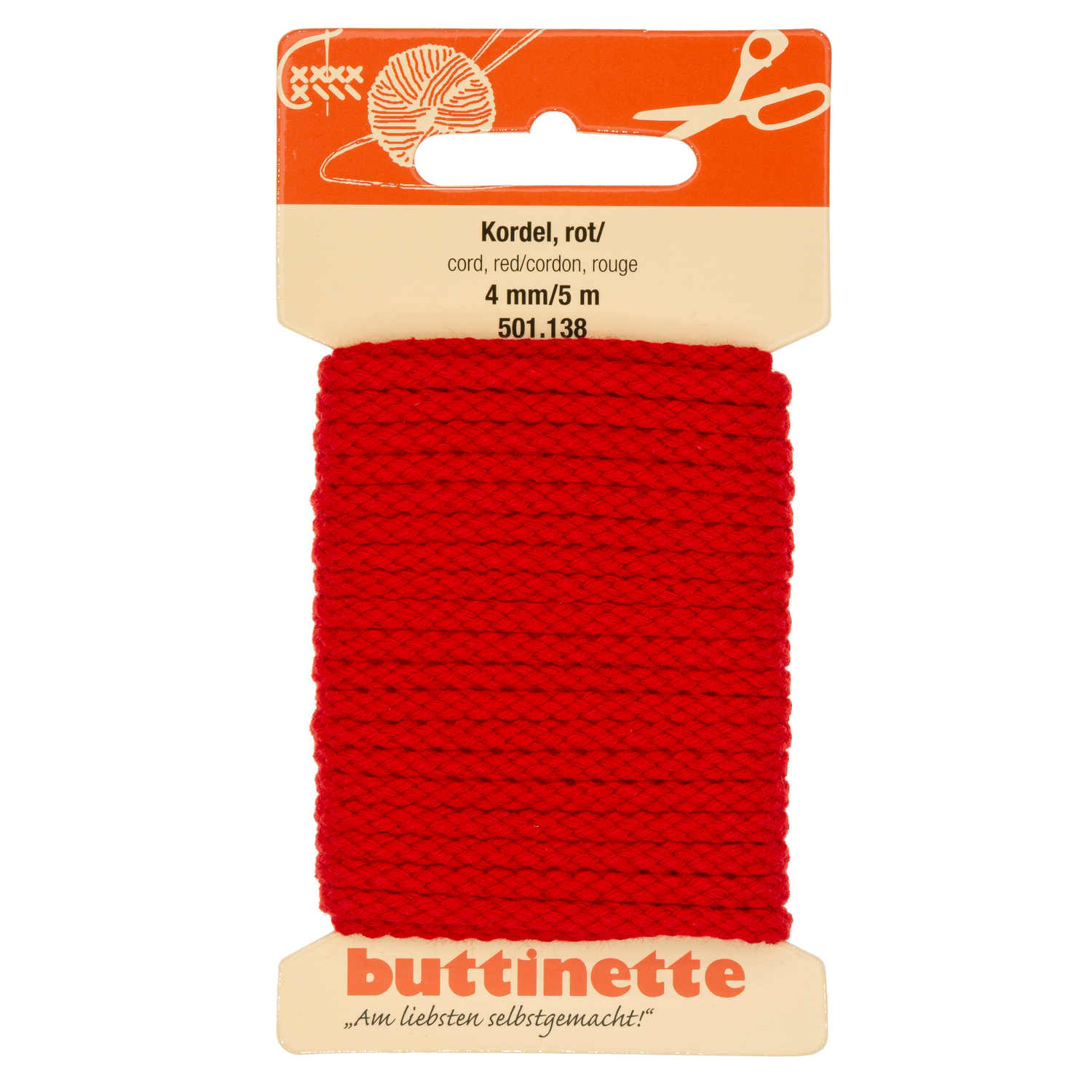 buttinette Baumwoll-Kordel für Bekleidung, rot, 4 mm Ø, Länge: 5 m