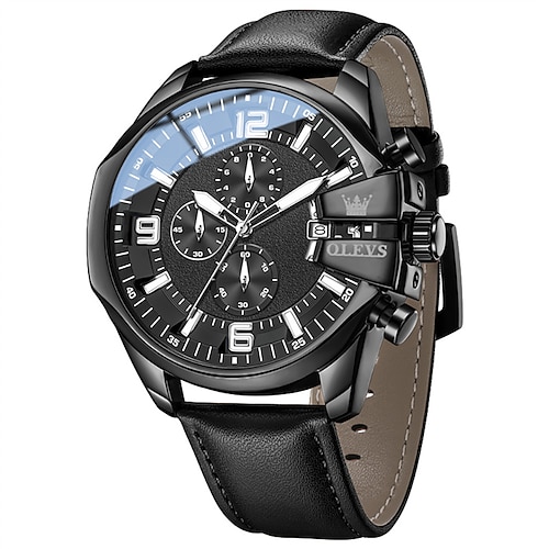 Olevs Herrenuhr, Luxus-Chronograph, großes blaues Zifferblatt, braunes Lederarmband, wasserdicht, Leuchtzeiger, Datumsanzeige, multifunktionale Business- und Sportuhr, Quarz-Analog-Armbanduhr für