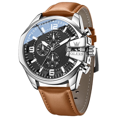 Olevs Herrenuhr, Luxus-Chronograph, großes blaues Zifferblatt, braunes Lederarmband, wasserdicht, Leuchtzeiger, Datumsanzeige, multifunktionale Business- und Sportuhr, Quarz-Analog-Armbanduhr für