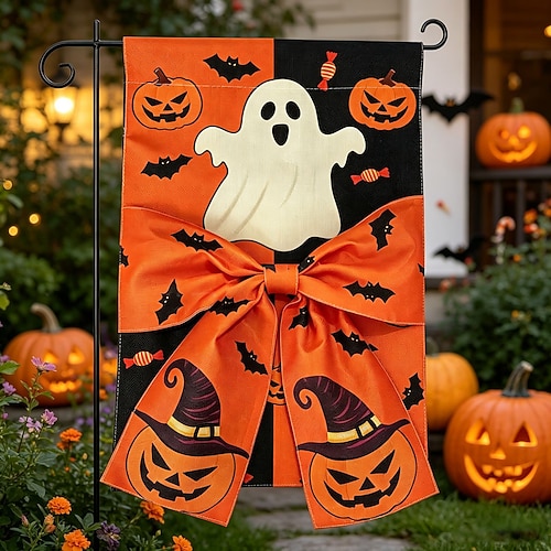 Halloween-Gartenflagge mit Schleife, Spinnennetz, Kürbis und Skelett – Süßes oder Saures! – Gartenflagge für draußen, saisonale Dekoration für Veranda und Garten, Herbstbanner für Haus und Garten,