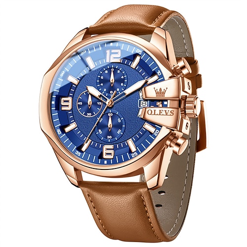 Olevs Herrenuhr, Luxus-Chronograph, großes blaues Zifferblatt, braunes Lederarmband, wasserdicht, Leuchtzeiger, Datumsanzeige, multifunktionale Business- und Sportuhr, Quarz-Analog-Armbanduhr für