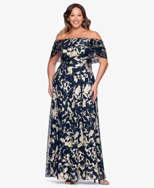 Plus Size Printed Off-the-shoulder Ball Gown - Blue - Betsy & Adam Dresses
