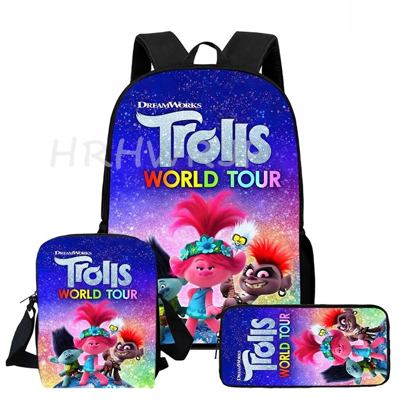 Lot de 3 sacs à dos Trolls légers pour garçons et filles, sacs d'école avec sacs à bandoulière, cartable de mode pour l'école primaire