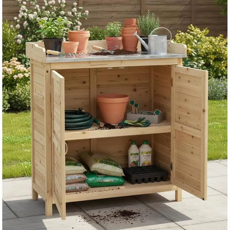 Armoire de jardin, table de jardinage avec meuble de base, en bois, armoire à outils avec 2 étagères, abri à outils, abri de jardin, naturel