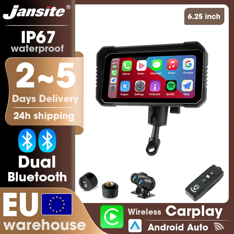 Jansite 6,25 Zoll Carplay Android Auto Navigation GPS Motorrad IP67 Wasserdichter GPS-Controller 1080p AHD-Kamera Displaybildschirm