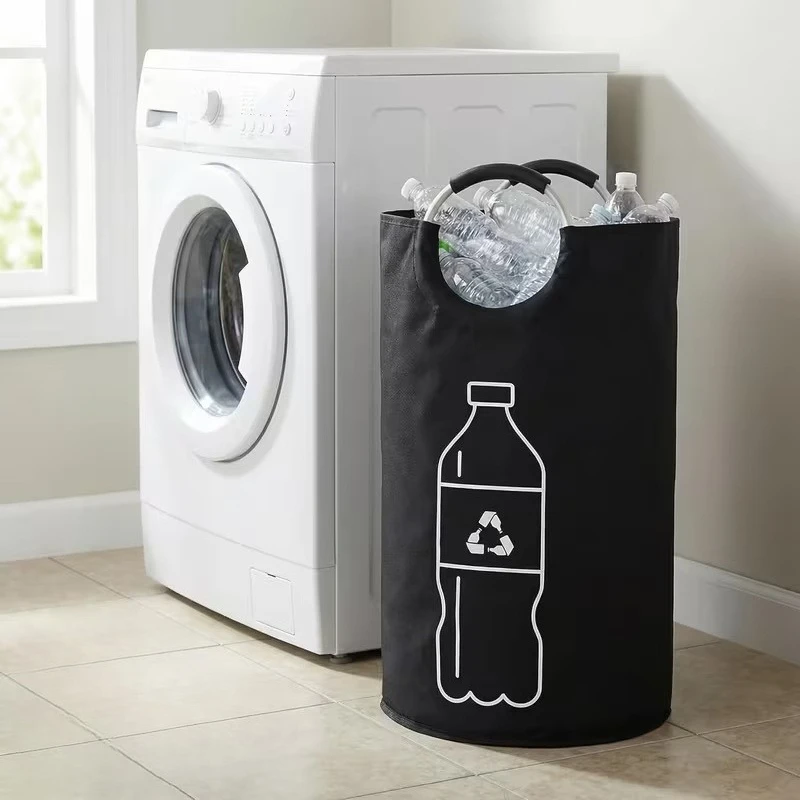 Foldable aluminum alloy handle storage basket, made of black Oxford cloth, 38x72cm, suitable for storing household beverage bottles, versatile for kitchen, bathroom, and laundry, saving space.