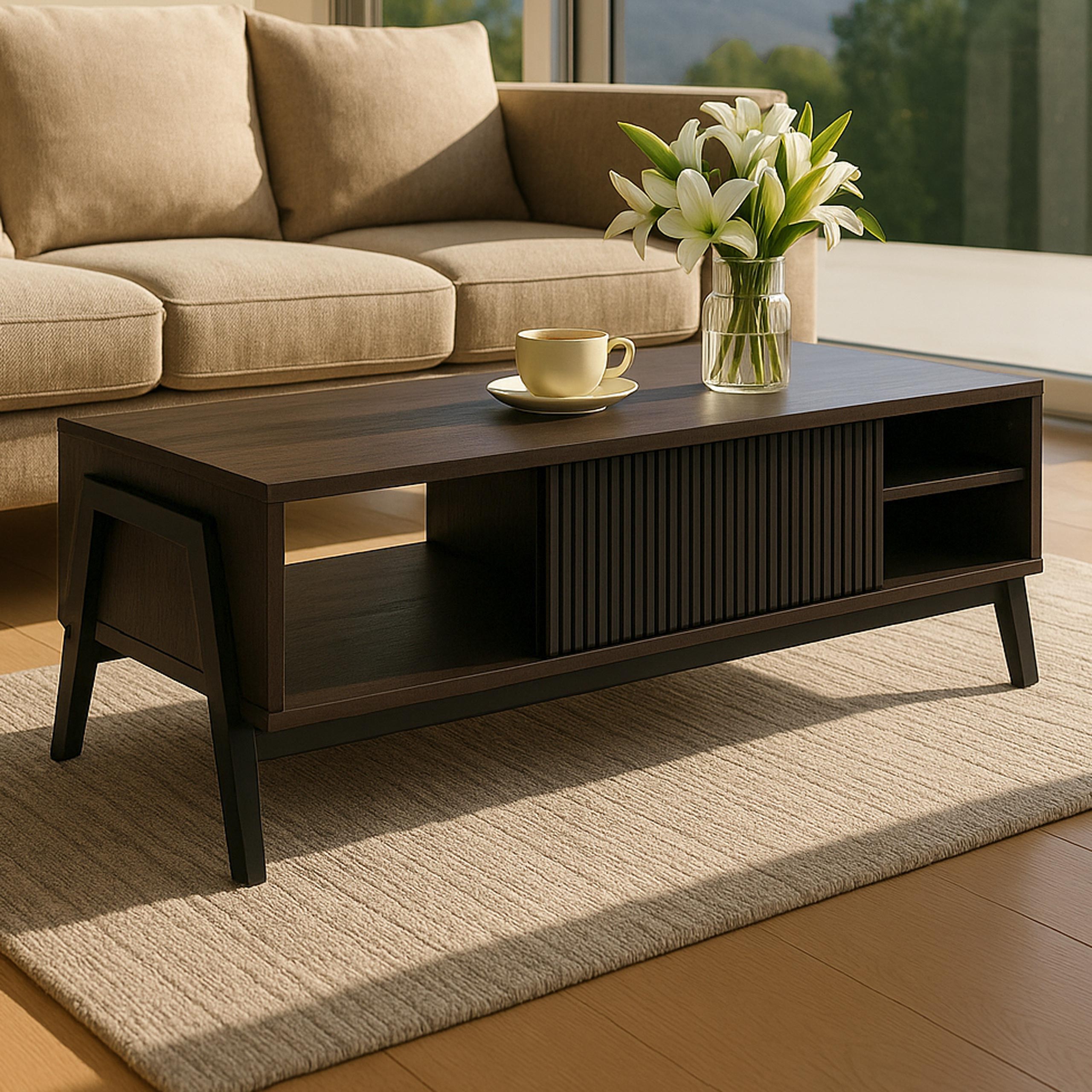 Couchtisch HWC-O40, Wohnzimmertisch Sofatisch, Staufächer Schiebetür MDF Metall Melamin 42x120x60cm ~ Walnuss-Optik