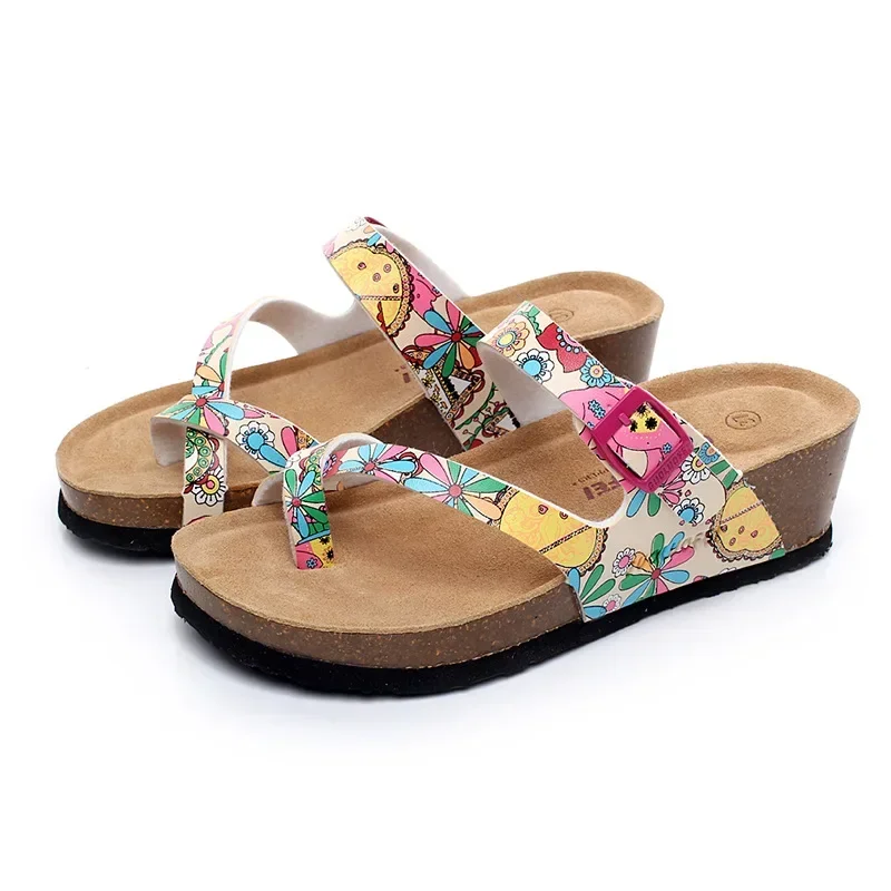 Heißer Verkauf Frauen Sandalen Wohnungen Kork Hausschuhe Casual Schuhe Drucken Mischfarben Rutschen Strand Kork Flip Flop Plus Größe 35-42