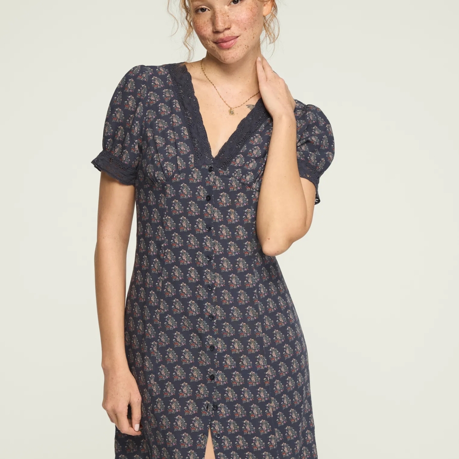 Lucky Brand Lace Trimmed Short Sleeve Mini Dress - Women's Clothing Dresses Mini Dress in Navy Floral, Size L