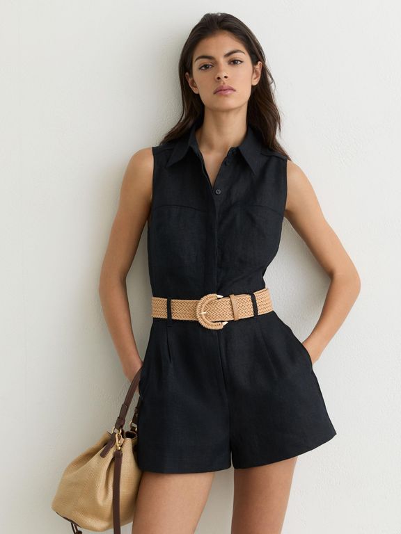 Linen Sleeveless Belted Playsuit - Black - Reiss Jumpsuits