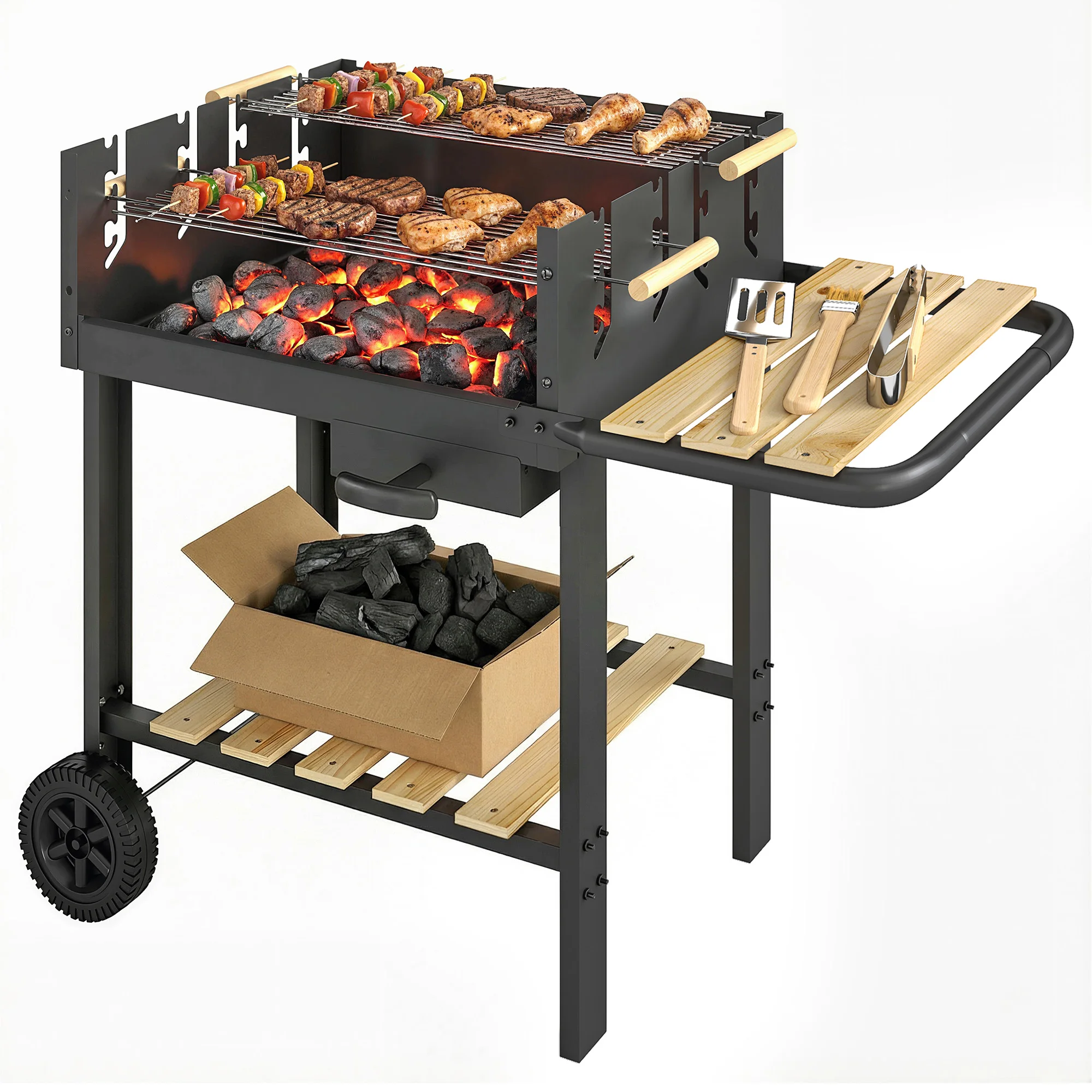 Chariot barbecue au charbon de bois avec grille réglable en hauteur sur 4 positions, 2 grilles en bois, 2 roues, barbecue d