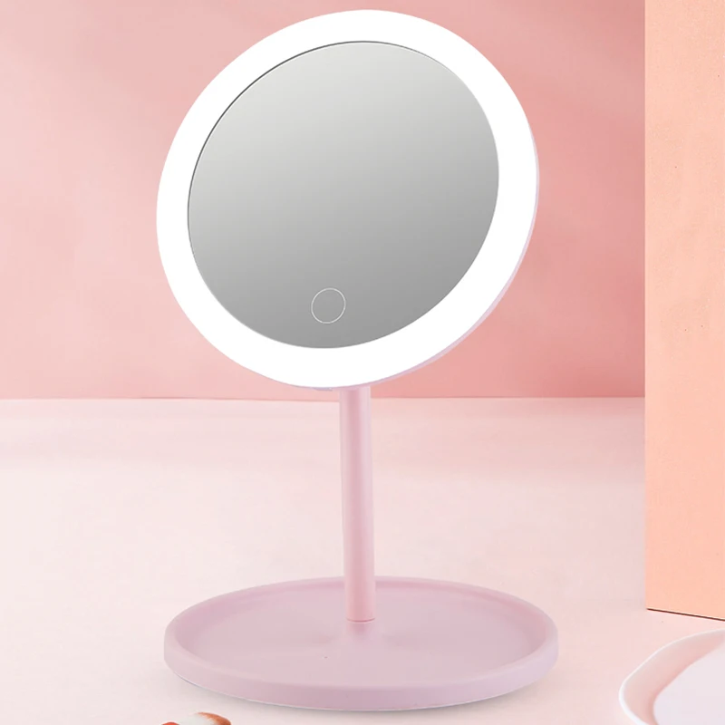 Tragbarer Reise-Schminkspiegel mit Ablage, Kosmetik-Tischspiegel mit Dimmbarem Touch-LED-Beleuchtungssystem in 3 Farbmodi für Frauen