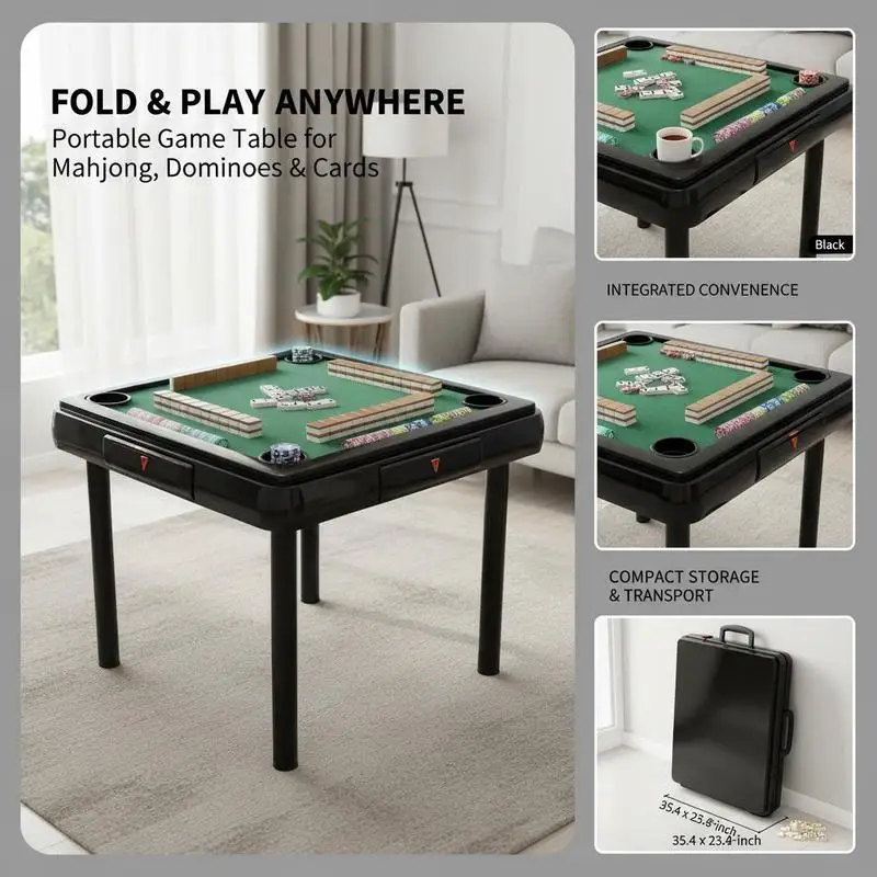 Table de jeu de mahjong, table de jeu de cartes pliable pour 4 joueurs avec 4 porte-gobelets et 4 plateaux pour jetons, table de jeu de dominos portable avec 1 jeu de dominos pour le jeu de mahjong