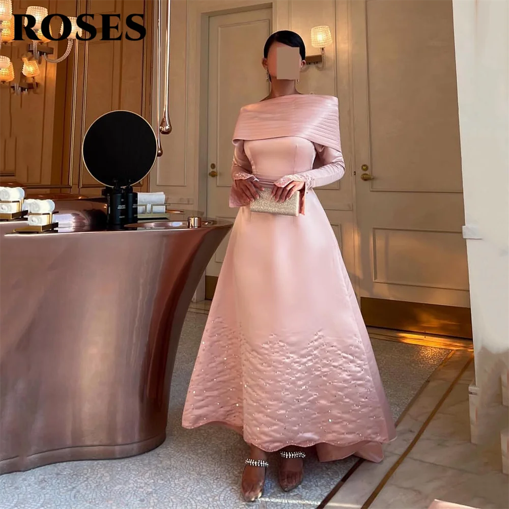 ROSES Pink Prom Dress Off Shoulder Pleated Gala Dress Beaded Evening Dress with Train Saudi Arabic Evening Prom Gown Customized