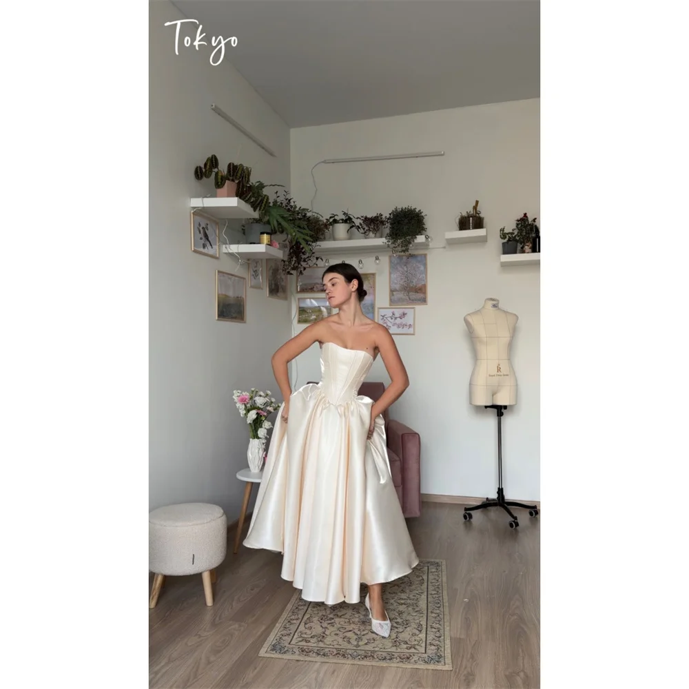 Tokyo Elegant Satin Strapless Midi Wedding Dress Corset Ball Gowns Vintage Pleated Bridal Shower Engagement Party Dress 2026
