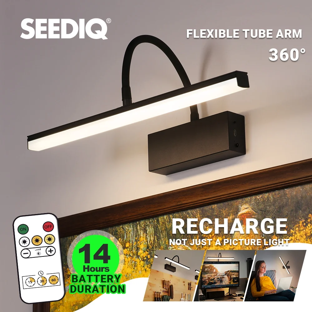 Wiederaufladbare LED-Wandleuchte, flexibel, verstellbar, Wandleuchten, 40 cm, interne Wandleuchte, kabelloses Bildlicht, Schwarz