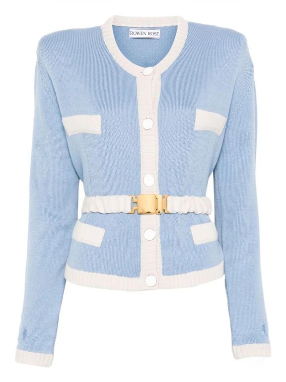 Two-Tone Belted Cardigan - Blue - ROWEN ROSE Knitwear