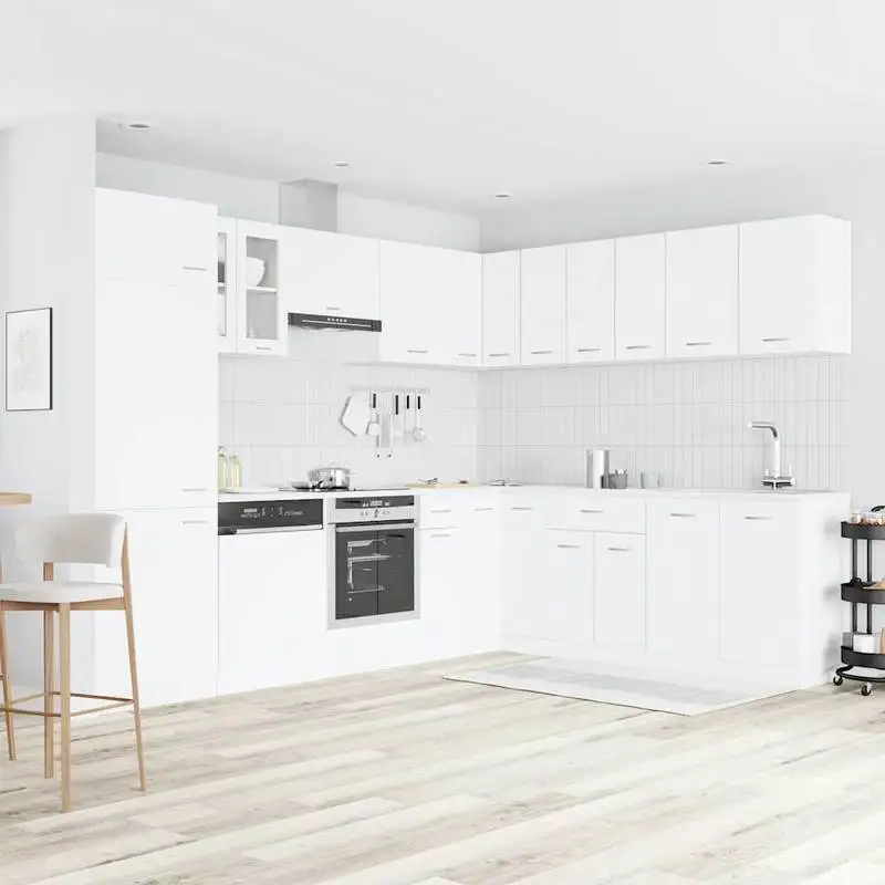 Ensemble de cuisine 14 pièces Série Lyon Blanc en bois composite avec vitres, comprenant un meuble d'angle suspendu, un meuble d'angle bas, un meuble suspendu vitré, des meubles