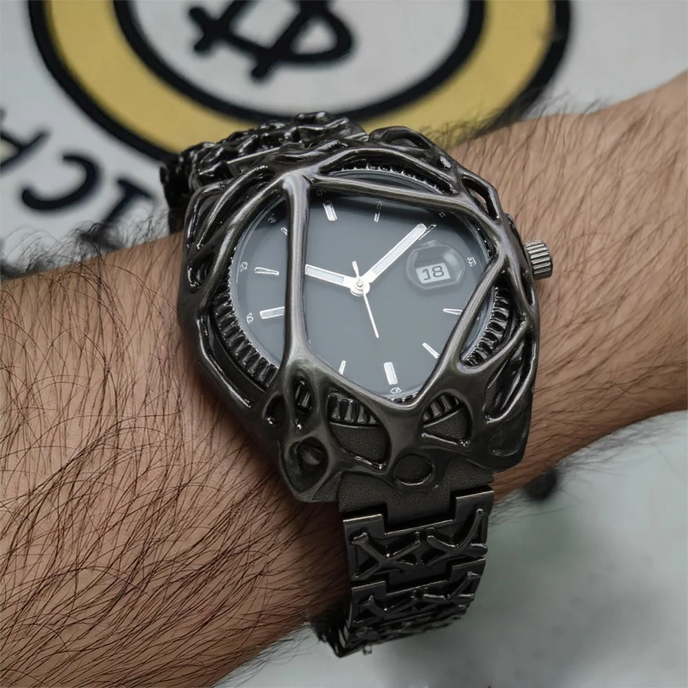 Retro Schwarzes Zifferblatt Armbanduhr Quarz-Uhr Herren Antik Alabaster Industrie Y2K Demon Hochwertige Unisex Einzigartige Kreative Uhr
