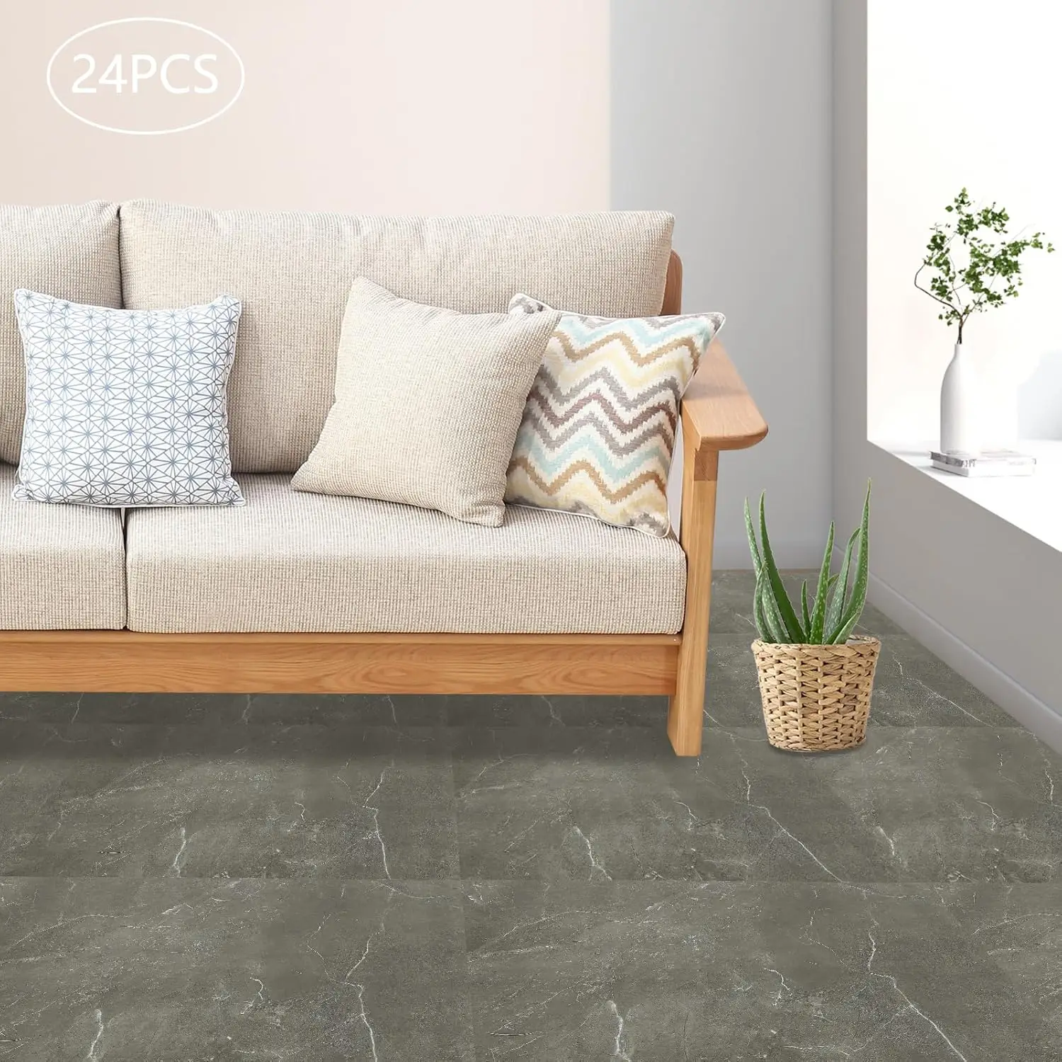 24 Stück selbstklebende Vinyl-Bodenbeläge, PVC-Bodenfliesen, 60 x 30 cm – 4,32 m², selbstklebende Bodenfliesen, rutschfest und wasserdicht, PVC-Fliesen für Wohnzimmer, Küche, Schlafzimmer, Grau