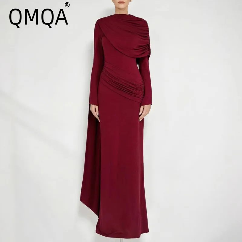 QMQA Fashion Women's Elegant Dress Asymmetrical Shawl Pleated Long Sleeve Knitted Evening Party Dresses 2026 Spring New QM1188