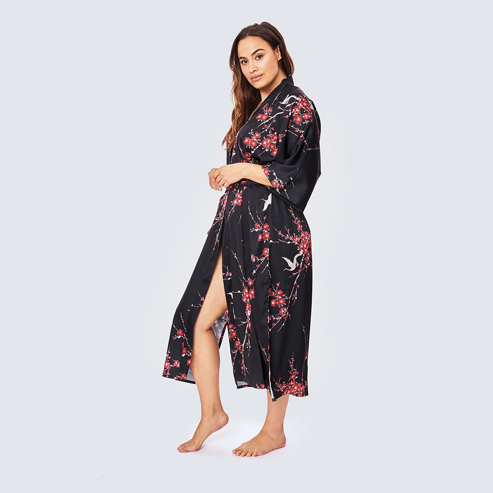 Cherry Blossom & Crane Plus Size Long Kimono Robe | KIM+ONO - black (final sale) / plus size