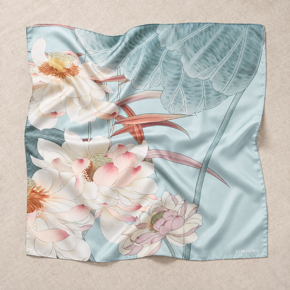 Maren Kerchief Scarf | Charmeuse Botanical Scarf | KIM+ONO - whisper blue / 26"" square