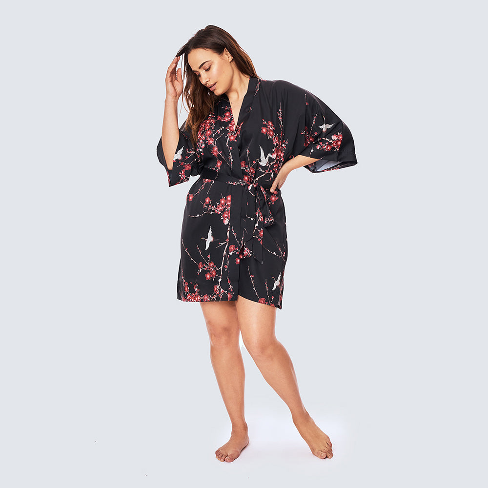 Plus Size Japanese Cherry Blossom & Crane Kimono - Short - black (final sale) / plus size