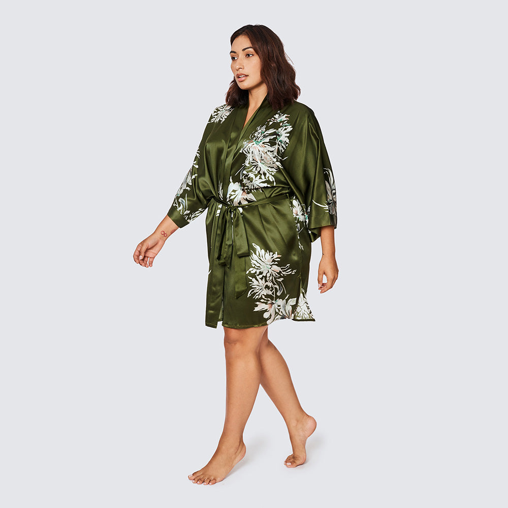 Yuri Plus Size Washable Silk Kimono Robe - Short | KIM+ONO - olive (final sale) / plus size