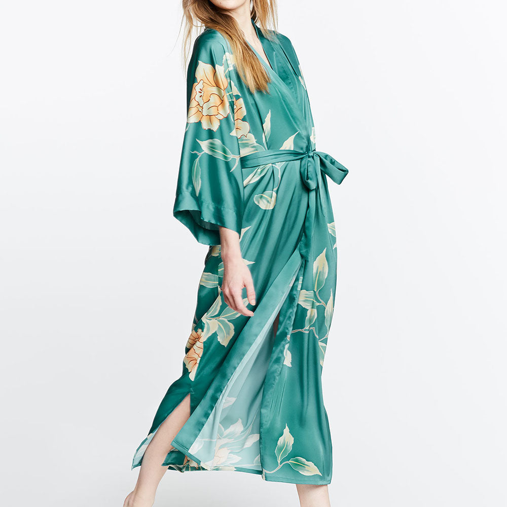 Floral Tie Waist Kimono Robe with Side Slit | KIM+ONO - brittany blue (final sale) / one size