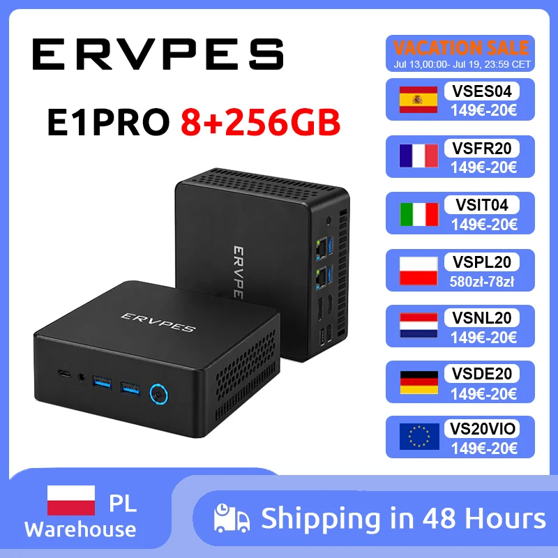ERVPES E1PRO Mini-PC 8GB LPDDR4 256GB SSD Intel N4505 Windows 11 Pro Dual-Band WLAN BT5.0 Büro-Desktop Mini-Computer