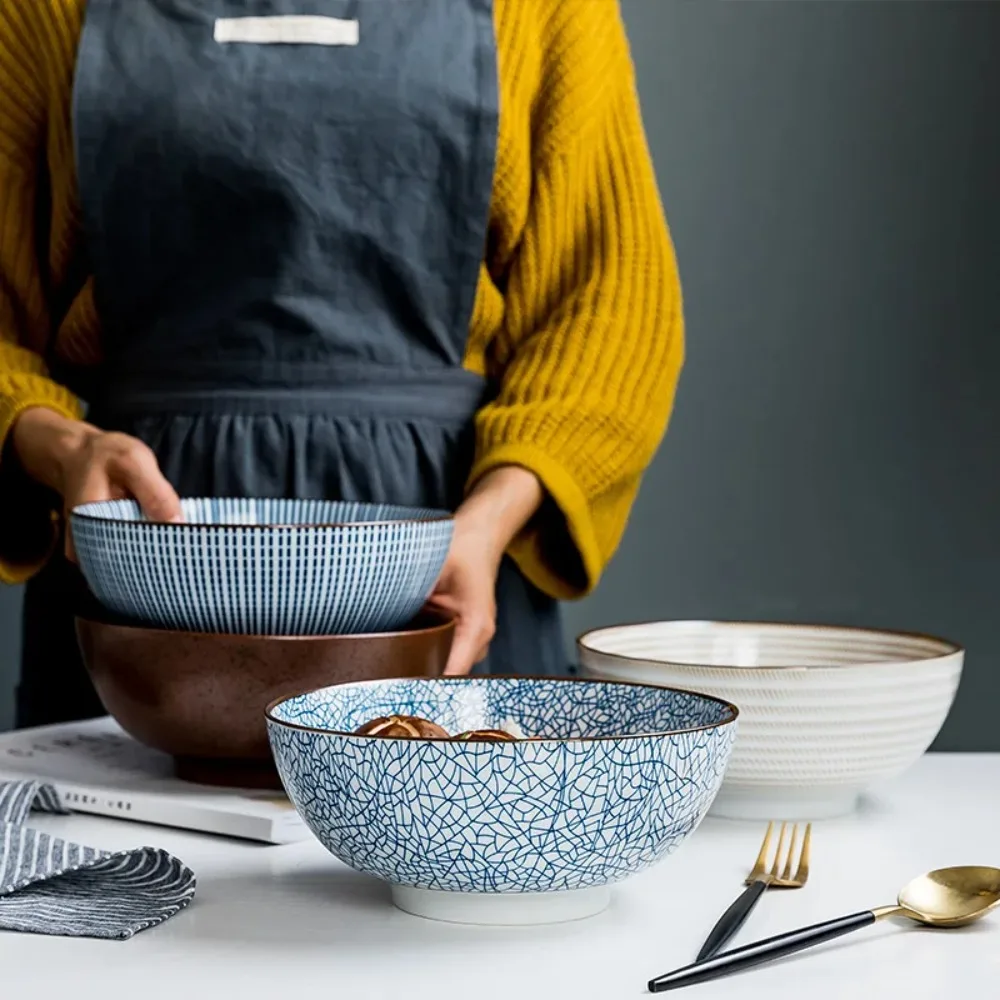 Household retro tableware Japanese Lamian Noodles Bowl ceramic noodle bowl stripe design big soup bowl restaurant 8 inches.