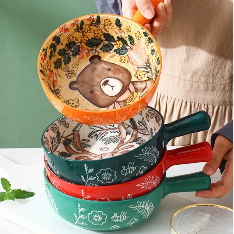 Japanese Cartoon Salad Ceramic Bowl with Handle Cute Animal Pattern Creative Breakfast Noodle Tableware Household Goods